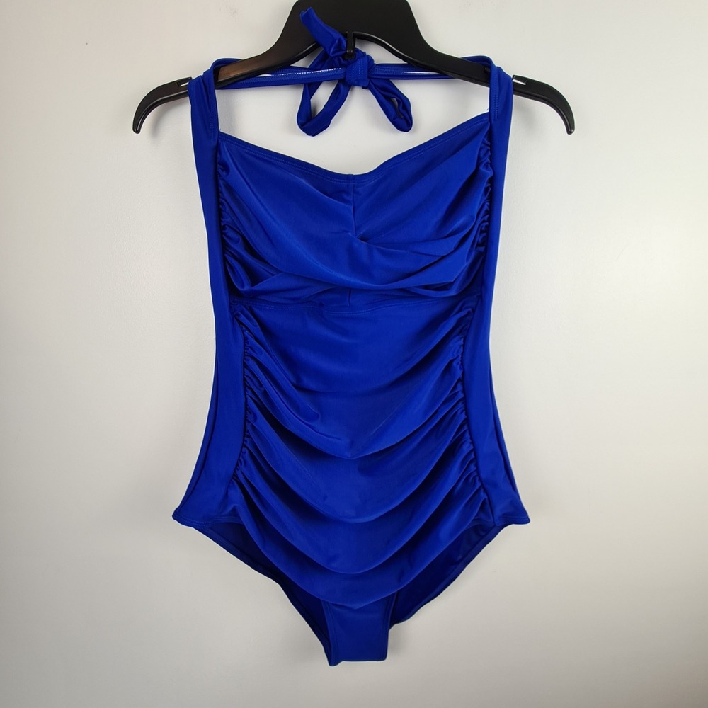 Sandrea Womens Royal Blue Ruched One Piece Swimsuit Halter Neck Size XL NWT